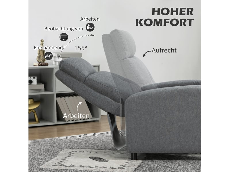  Fauteuil relax ulevr inclinable avec repose-pieds, dossier jusqu’à 155°, 67 x 87 x 98 cm, polyester aspect lin gris  - Conforama E