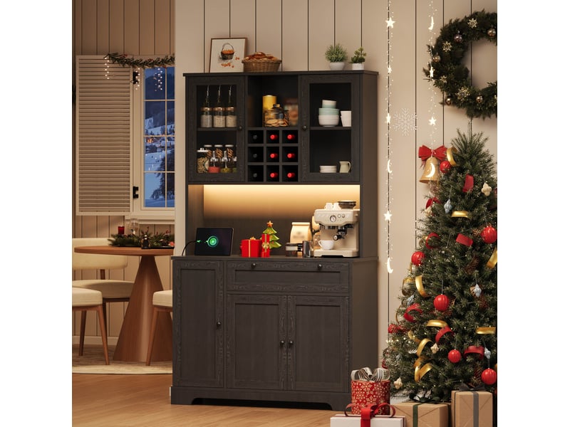  Buffet haut de cuisine noir 105 x 40 x 180 cm avec led, prises usb et rangement  - Conforama B