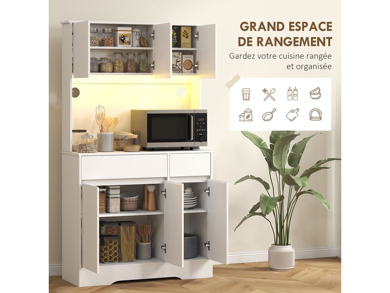 Buffet cuisine meuble cuisine rangement haut avec lumière led rgb, plan de travail, 6 portes, blanc, 2 tiroirs  - Conforama E
