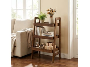 Étagère échelle 3 niveaux en bois, coloris noyer, rangement ouvert, sur pied