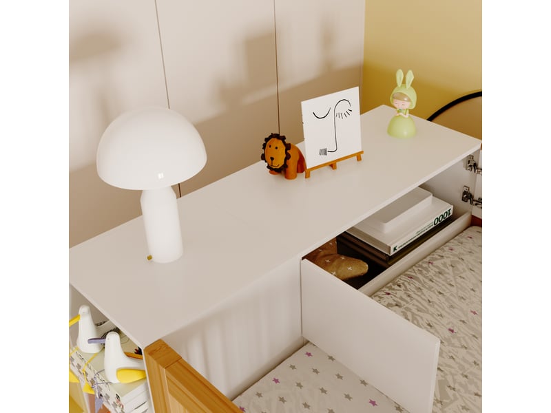  Lit mezzanine 90x200 cm avec grande armoire, échelle de sécurité avec rangement, lit enfant en bois massif, lit mezzanine blanc et bois.  - Conforama D