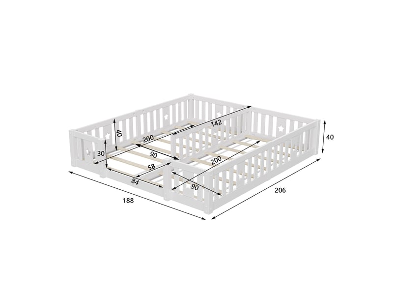 Lit enfant 90x200(x2), lit au sol avec barrière et sommier, bois de pin massif, motif étoiles, style montessori, blanc  - Conforama E