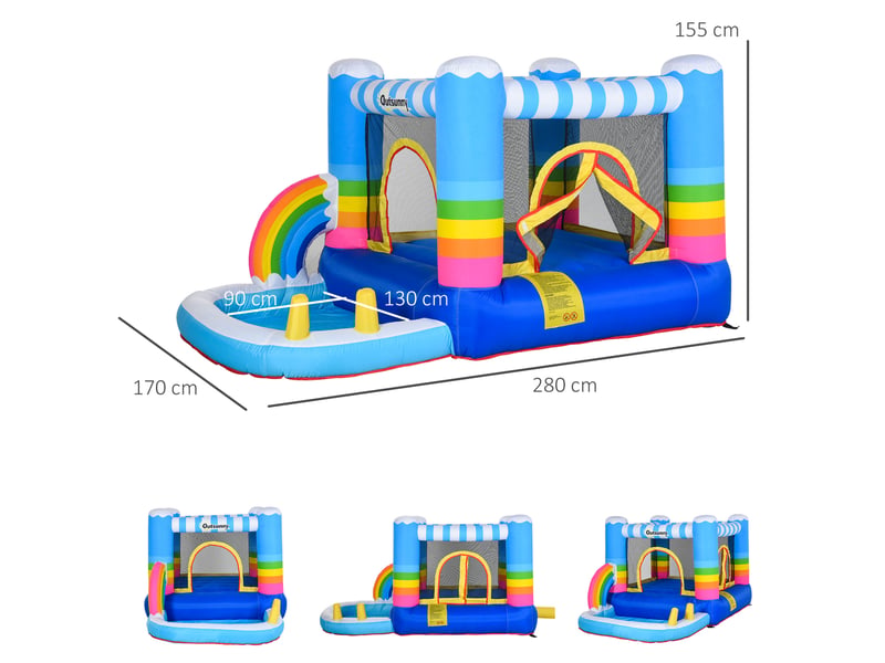  Château gonflable pour enfants avec trampoline et piscine, pompe électrique incluse, 280 x 170 x 155 cm, multicolore  - Conforama E