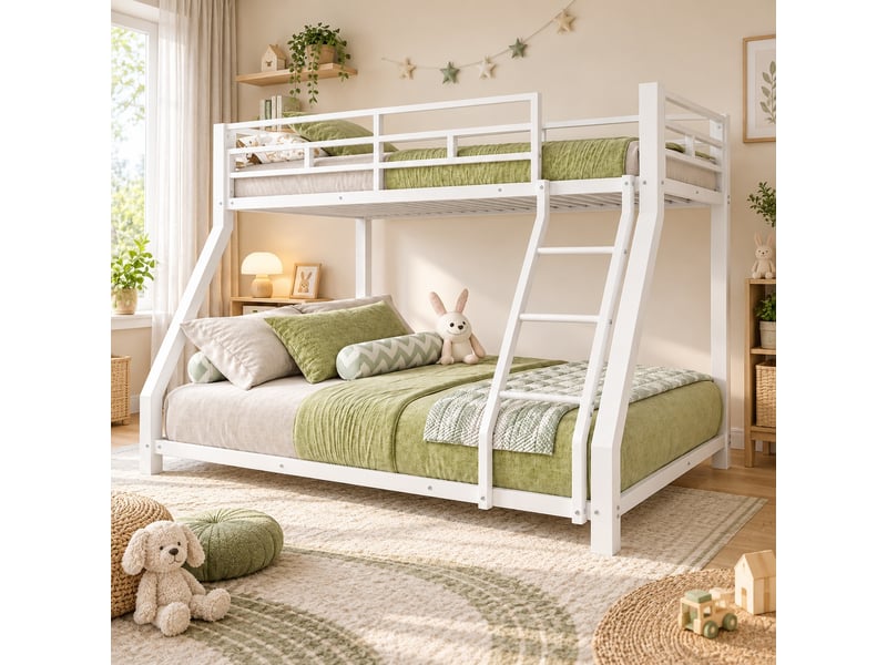  Lit superposé enfant 90140 × 200 cm en métal blanc avec échelle, garde-corps et sommier, conforme en 747, sans matelas  - Conforama E