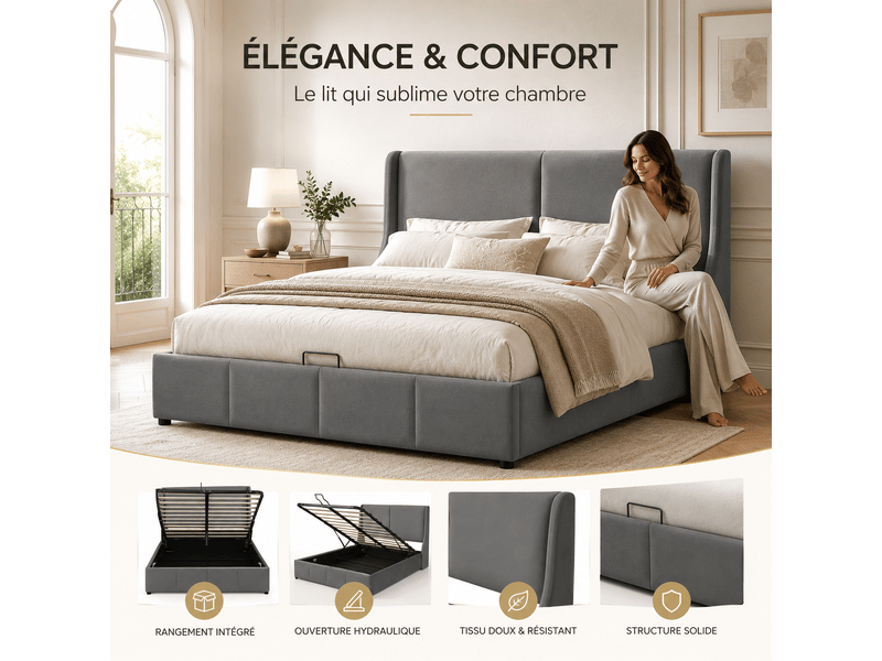  Lit adulte 140x190 cm - lit coffre double avec grand rangement hydraulique sous le lit et tete de lit capitonne - 2 personnes - cadre de lit rembourré 2 places- sommier à lattes - simple - chambre complete ado - velours - gris -…  - Conforama E