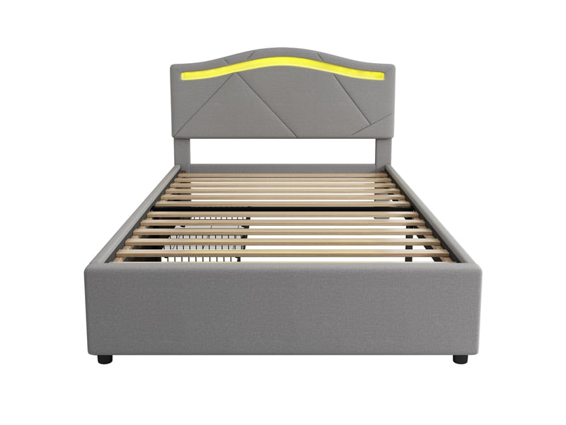  Lit 90x200 cm gris en lin, led, 2 tiroirs, tête de lit réglable, sommier, style minimaliste  - Conforama A