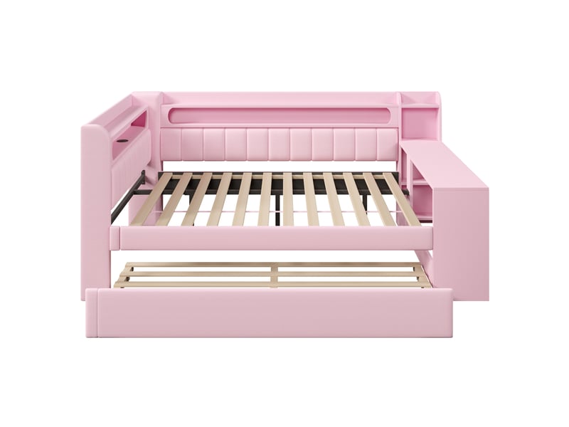 Lit tiroir gigogne 140x200 cm avec bureau, led 7 couleurs, ports usb, tissu lin rose, sans matelas - Conforama D