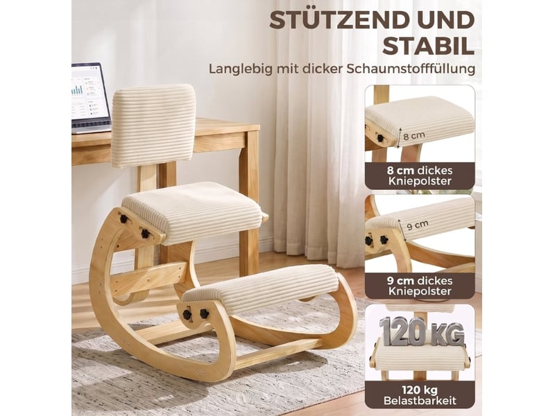  Chaise de bureau ergonomique à genoux avec dossier et bascule douce en polyester crème et bois  - Conforama D