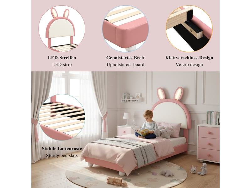 Lit enfant 90x200 cm avec tête de lit lapin et led, sommier inclus - Conforama D
