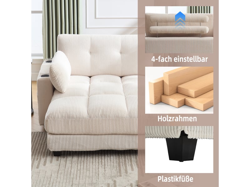  Canapé beige en velours côtelé avec accoudoirs réversibles et coussins d'appui-tête réglables  - Conforama R
