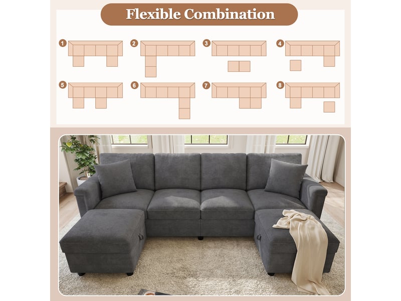 Canapé modulable d'angle en l ou u,261x134x82cm canapé 6 places en tissu chenille,2 poufs de rangement, ports usb et type-c,gris - Conforama D