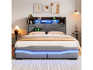 Lit coffre lit double, rangement hydraulique, usb, type-c, led et étagère 140×200 cm, sans matelas, lin gris