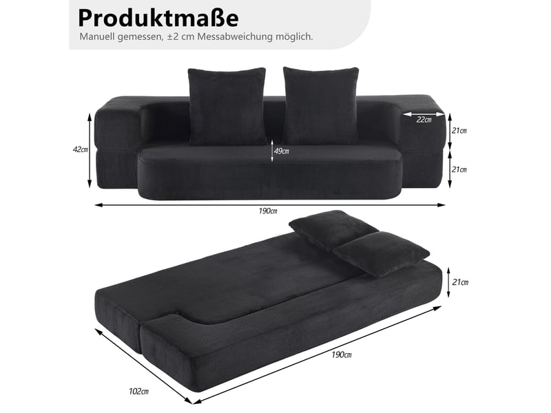  Canapé convertible 2 places 190x50x42 cm compressé, pliable, mousse douce, couleur noir, design moderne  - Conforama C