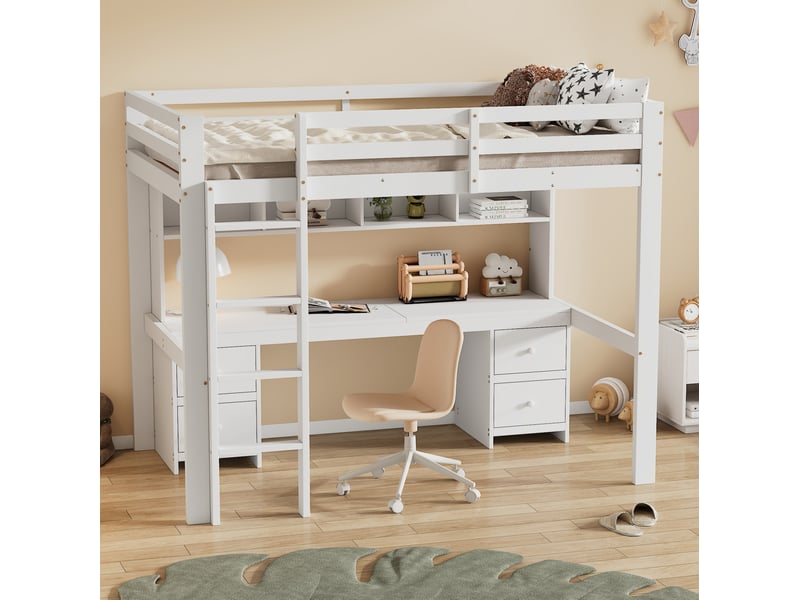  Lit mezzanine enfant 90x200 cm avec bureau et rangements blanc  - Conforama E