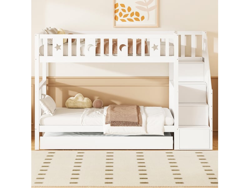  Modenvie lit superposé enfant 90x200 cm - avec lit gigogne et rangements, sans matelas - blanc  - Conforama E