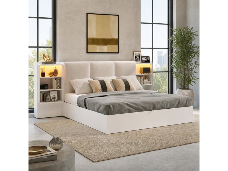 Lit coffre double 180×200 cm avec 6 compartiments, led réglable et tête rembourrée - okmyhome- blanc, sans matelas - Conforama B