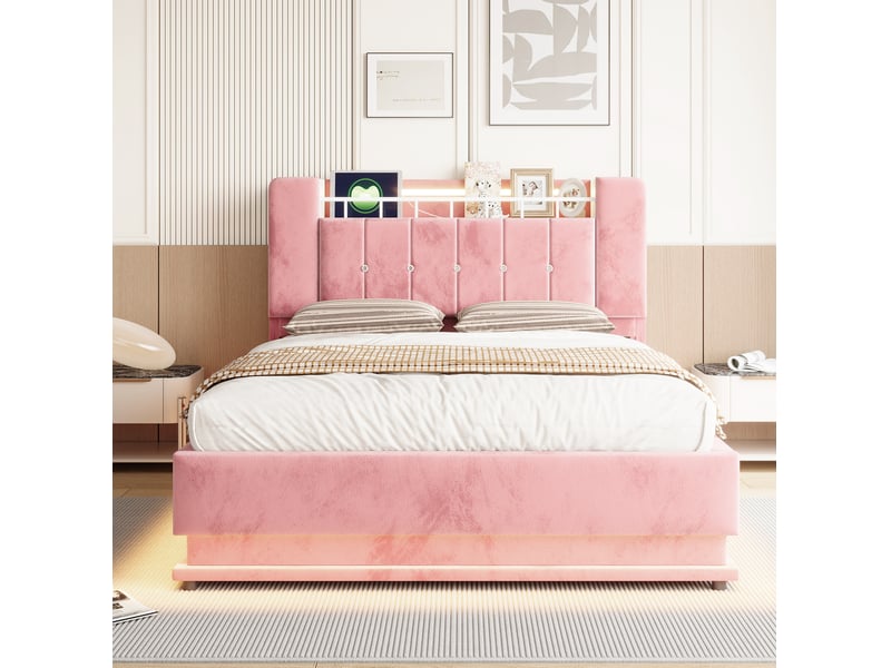 Lit double 140 × 200 cm coffre hydraulique avec led, ports usb et rangement tête de lit en velours rose pour chambre - Conforama D