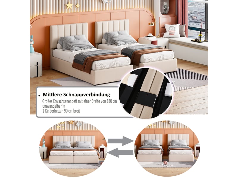 Lit adulte et enfant 180x200cm, lit coffre, lit double avec tête de lit réglable et sommier, lin beige, sans matelas - Conforama E