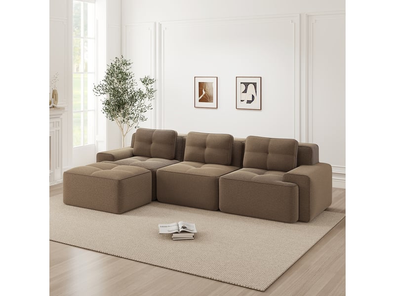 Canapé d'angle convertible 3 places en velours côtelé marron, 293 x 177 x 69 cm, sans armature, sans montage, livré compressé, assise profonde CARDUME ESTIVAL - Conforama B