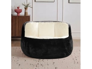 Fauteuil poire oversize 106x110x77 cm – noir, blanc et gris – tissu peluche, poignée et base antidérapante