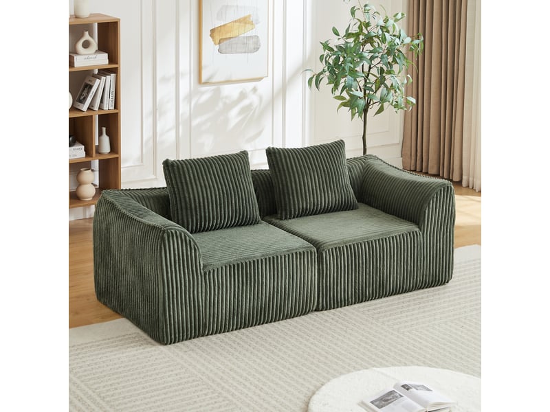 Canapé droit modulaire en velours côtelé vert, canapé 2 places, lignes courbes, avec 2 coussins, sans montage  - Conforama B