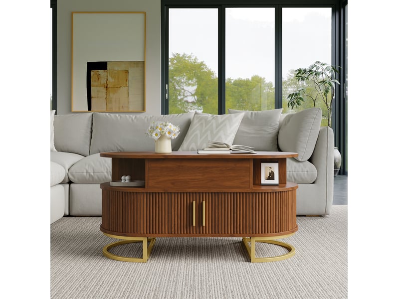  Table basse 100x50x64 cm ovale réglable en hauteur mdf noyer  - Conforama C