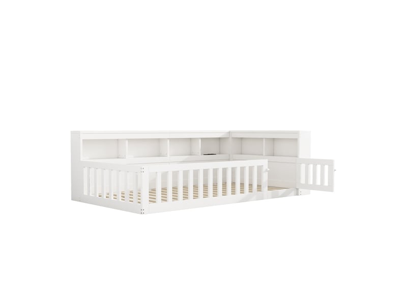  Lit enfant 90x200 cm, canapé-lit,  rangement, prise et usb, sommier, aggloméré, blanc, sans matelas  - Conforama E