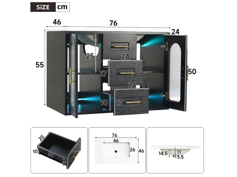  Meuble sous vasque suspendu 76x46x55 cm avec vasque et led, noir effet bois  - Conforama C