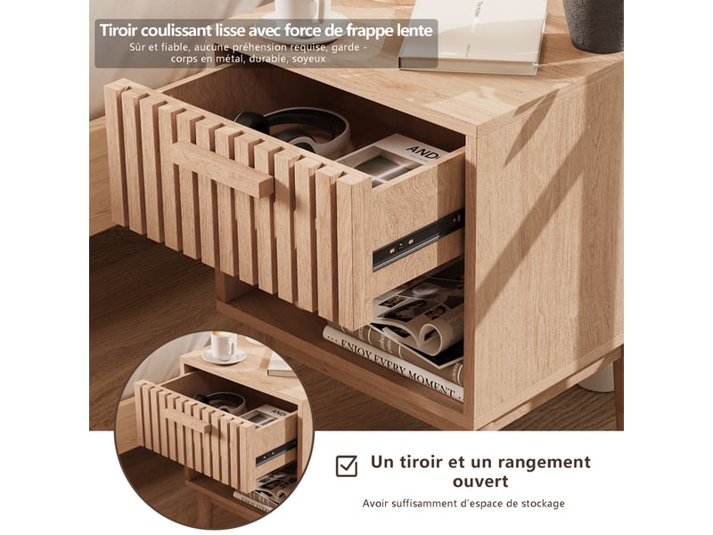  Table de nuit lot de 2, table de chevet bois massif avec tiroirs et compartiments ouverts, table d'appoint pour salon chambre, 40 x 35 x 55 cm  - Conforama W