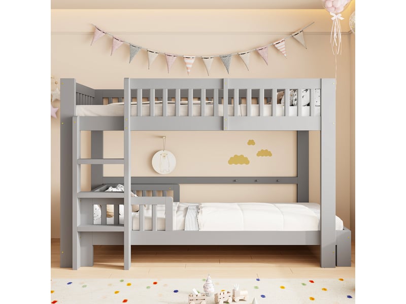  Lit superposé modulable 90x200 cm - lit mezzanine et lit simple combinables et séparables, barrières anti, bois massif gris evarich - Conforama E