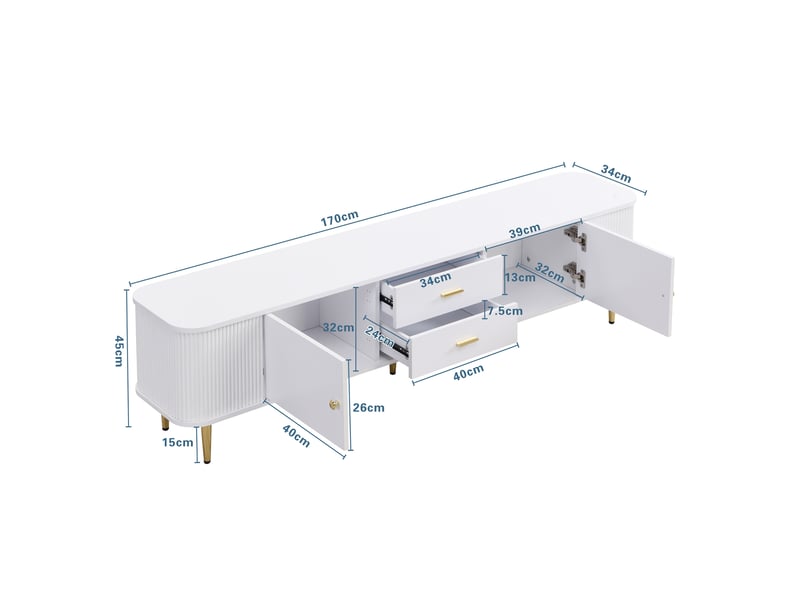  Meuble télévision 170x34x45 cm, bords arrondis, côtés ondulés, 2 tiroirs, 2 portes, espace de rangement, en mdf blanc  - Conforama C