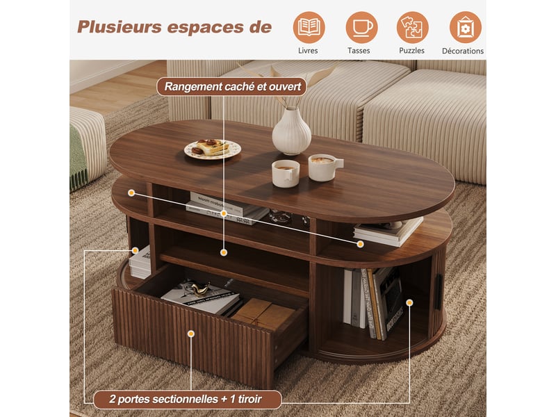  Table basse à bords arrondis 100 x 50 x 40 cm, 1 tiroir à pression, 2 portes à rideau, niches ouvertes, mdf et panneaux de particules, décor noyer Luxe haut de gamme - Conforama W