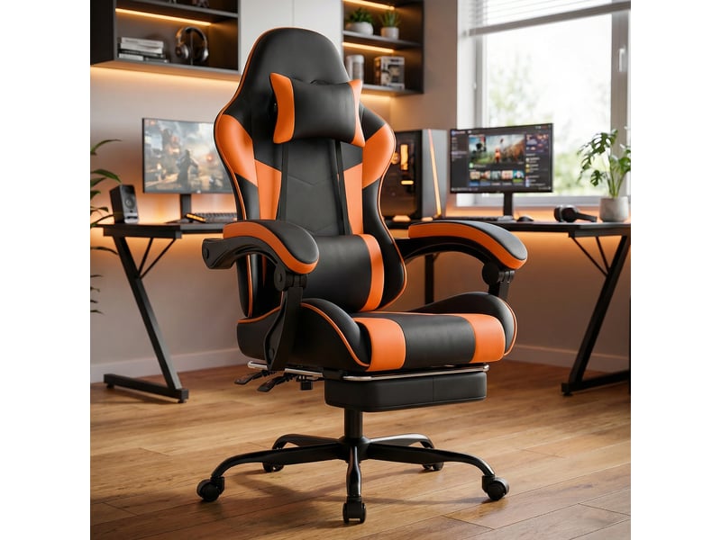  Chaise gaming ergonomique en similicuir noir et orange, avec soutien lombaire, dossier et hauteur réglables, fauteuil de bureau confortable  - Conforama B