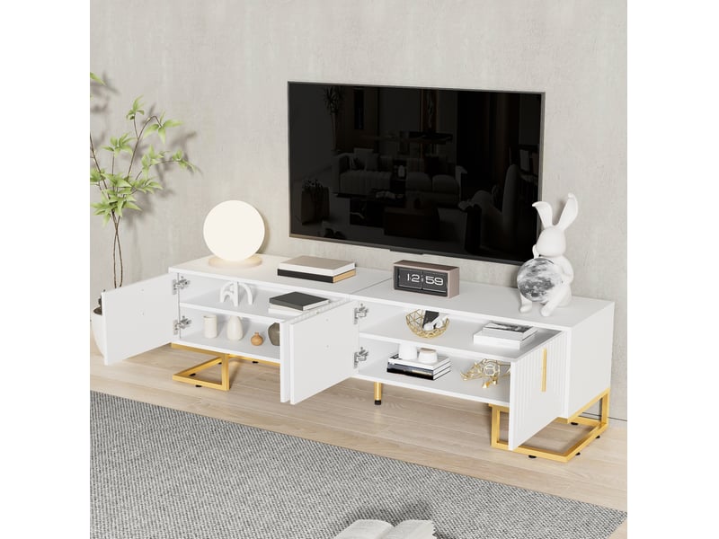  Meuble tv 170x40x45,5 cm élégant, pieds et poignées dorés, portes à étagères intégrées, panneau de particules blanc  - Conforama D