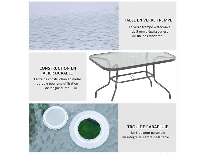  Table de jardin rectangulaire 6 personnes métal et verre trempé gris 120 x 80 x 70 cm  - Conforama D