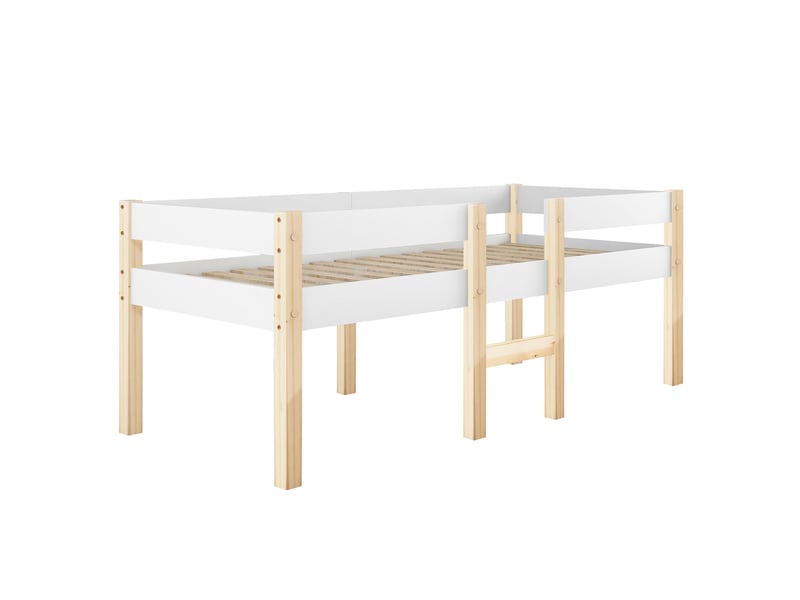  Lit enfant 90x200 cm avec protection antichute, lit simple en pin de haute qualité et offre pin massif, blanc, lit mi-hauteur  - Conforama B