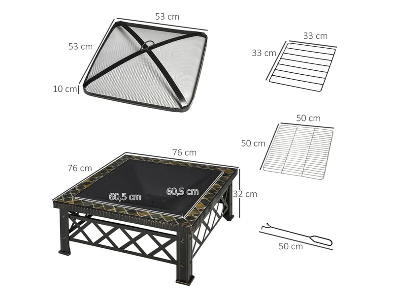  Brasero 3-en-1 (foyer/barbecue/seau à glace) avec pare-étincelles et grille de cuisson – Noir – 76 x 76 x 47 cm  - Conforama E