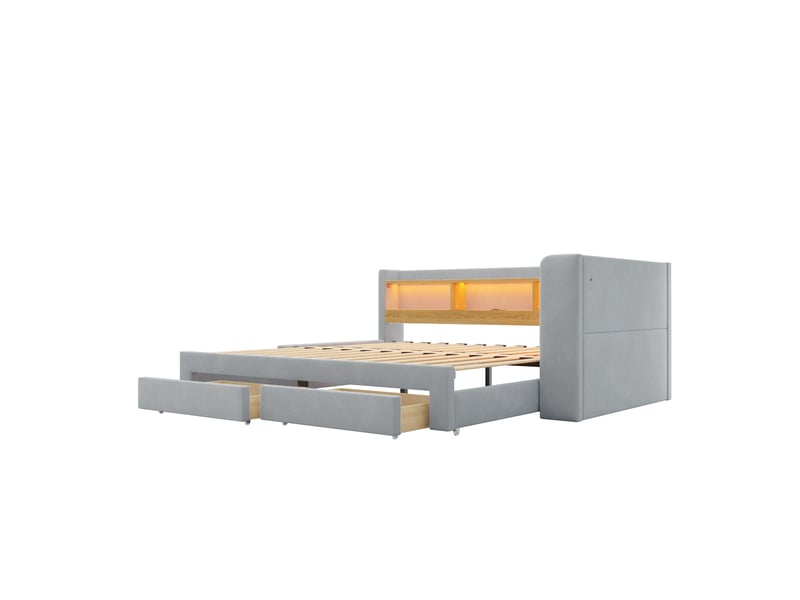 Canapé-lit rembourré 3-en-1, 90x200/180x200 cm,avec lit gigogne,tiroirs,led et prise,velours,gris–banquette-lit d'angle,sans matelas - Conforama A