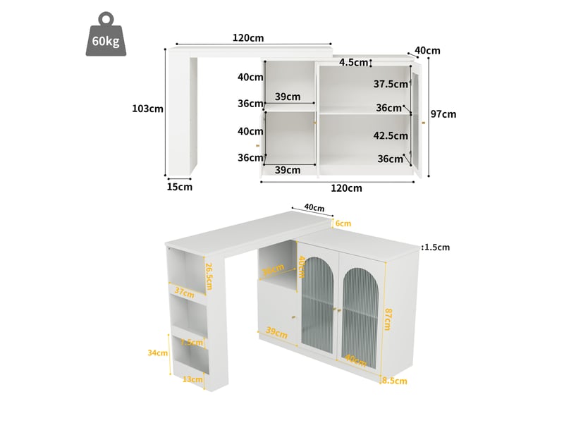  Meuble bar rotatif 360° blanc avec portes vitrées et rangement, 120 x 40 x 97 cm  - Conforama C