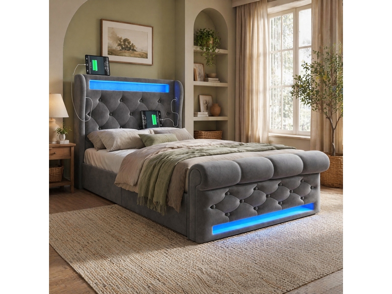  Lit coffre 90x200 cm éclairage led et ports usb et type c en velours gris  - Conforama D