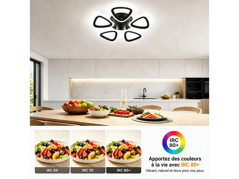  Plafonnier led fleur 5 branches en acrylique, d48 x h7 cm, lampe de plafond 35 w 1999 lm, noir sable, avec mémoire, salon, chambre, cuisine  - Conforama E