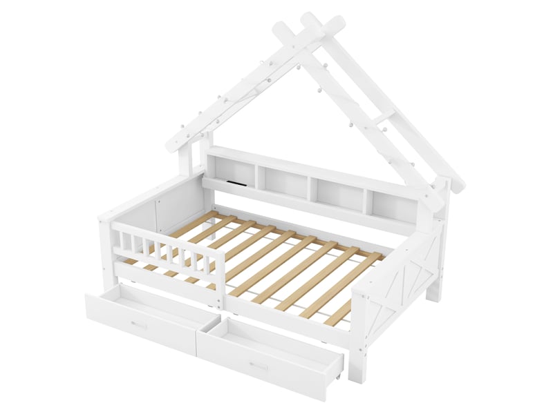  Lit enfant cabane 90 x 200 cm blanc en bois et mdf, led, 2 tiroirs et rangements avec barrière de sécurité  - Conforama D