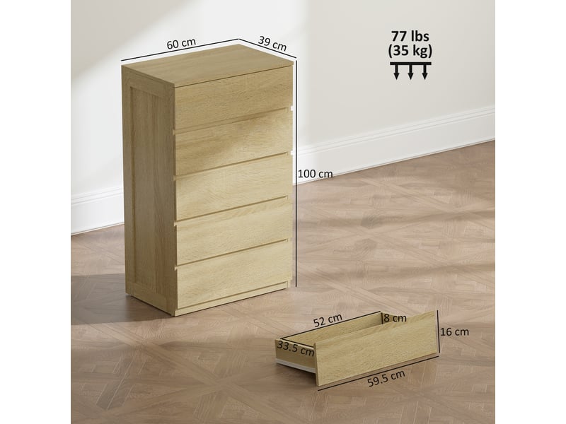  Commode en bois à 5 tiroirs avec glissières métalliques et poignées rainurées, 60 x 39 x 100 cm, couleur hêtre  - Conforama E