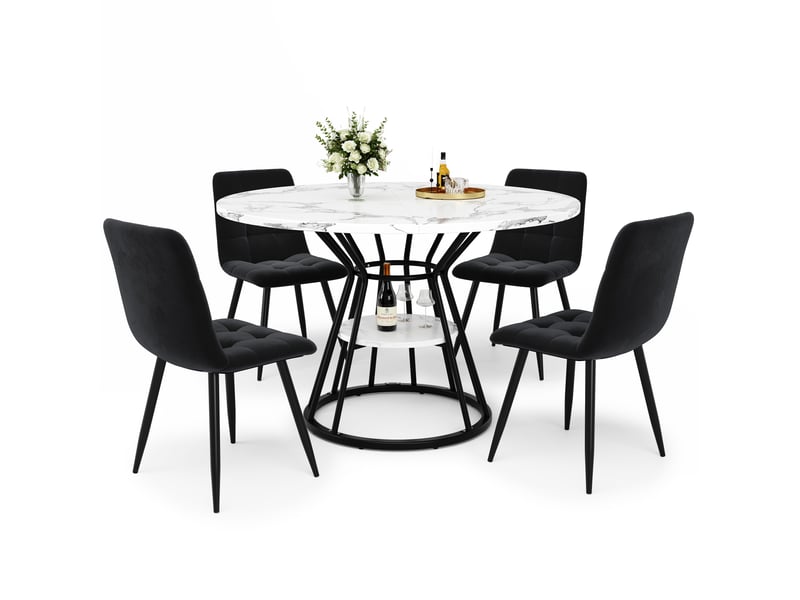  Ensemble table ronde et 4 chaises grises, diamètre 107 cm, double étagère ouverte, style industriel pour salle à manger compacte  - Conforama A