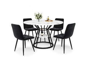 Ensemble table ronde et 4 chaises grises, diamètre 107 cm, double étagère ouverte, style industriel pour salle à manger compacte