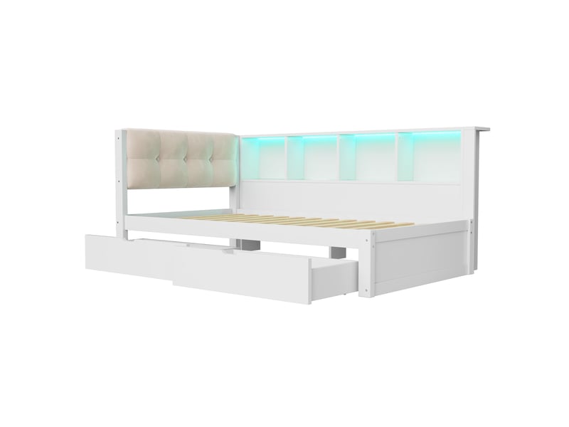  Lit banquette,90x200 cm,avec tiroirs, étagères, led réglable et usb,blanc  - Conforama D