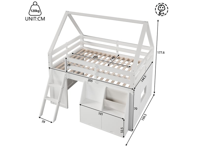  Lit mezzanine maison 140x200 cm équipé de led, d'espace de rangement et d'escalier, blanc, bois, sans matelas  - Conforama C