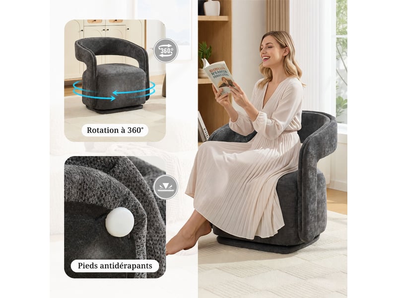  Fauteuil pivotant 360° design arrondi 70x65,5x74 cm, assise rembourrée, tissu chenille, gris foncé  - Conforama D