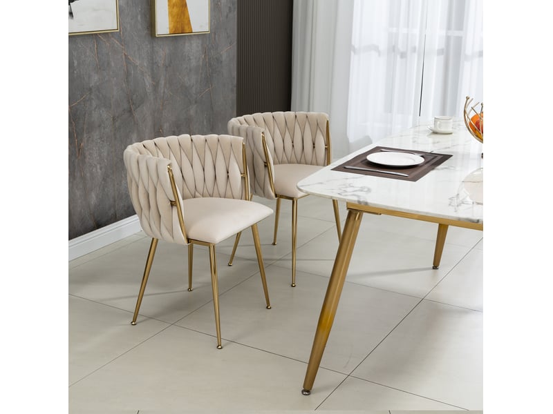 Chaise de salle à manger rembourrée avec dossier tissé et pieds métalliques dorés en velours ivoire - Conforama B