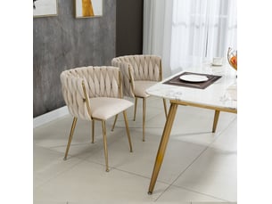 Chaise de salle à manger rembourrée avec dossier tissé et pieds métalliques dorés en velours ivoire